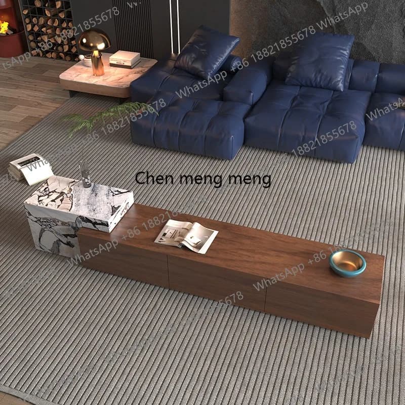 Solid wood TV cabinet, natural marble light luxury high-end living room, new walnut