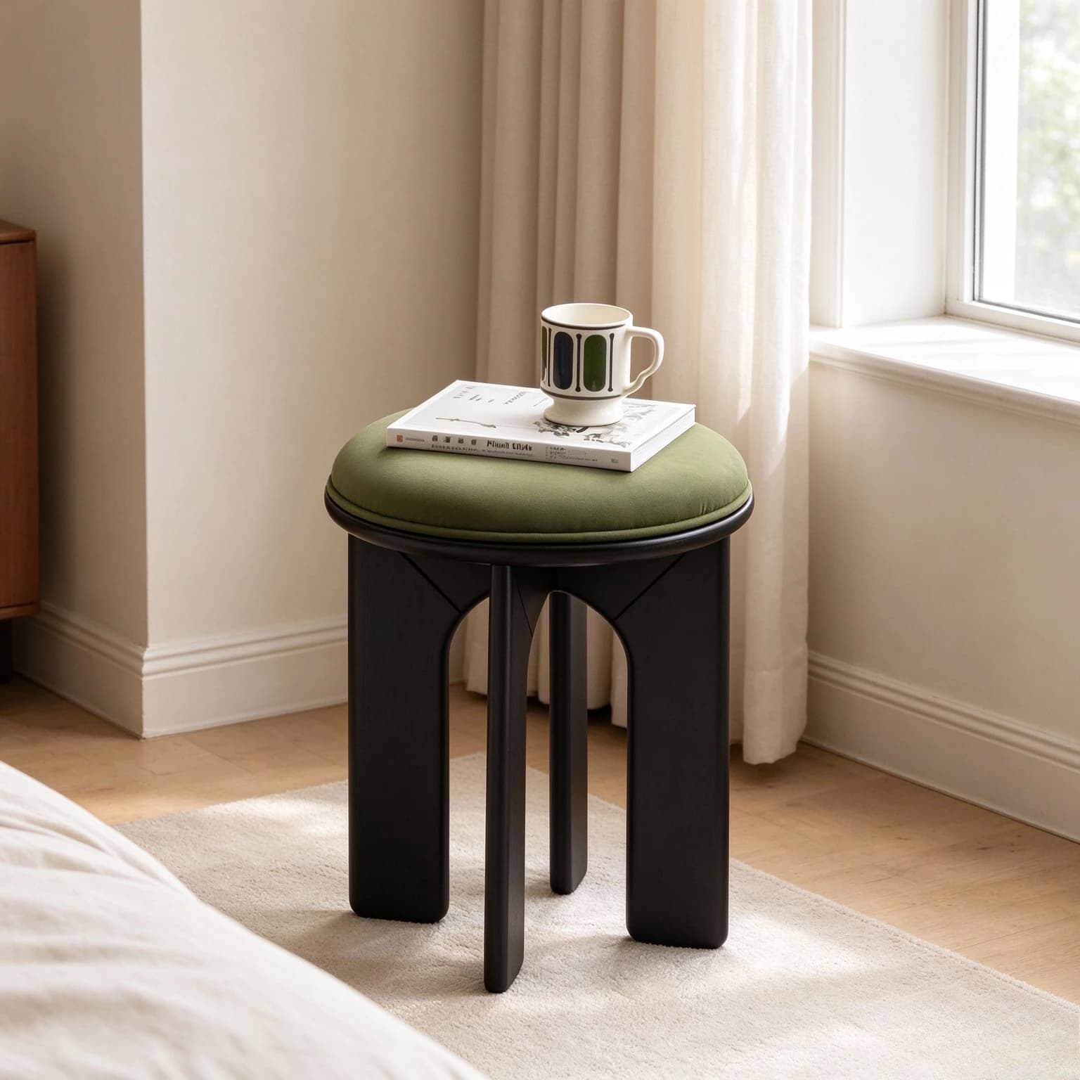 Solid Wood Round Upholstered Stool, Vintage Ottoman Footrest and Accent Seat for Kitchen, Living Room, Bedroom and Small Spaces