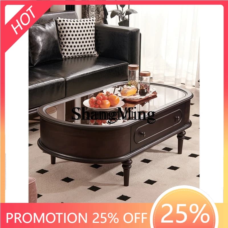 SM retro glass storage coffee table premium black antique solid wood coffee table
