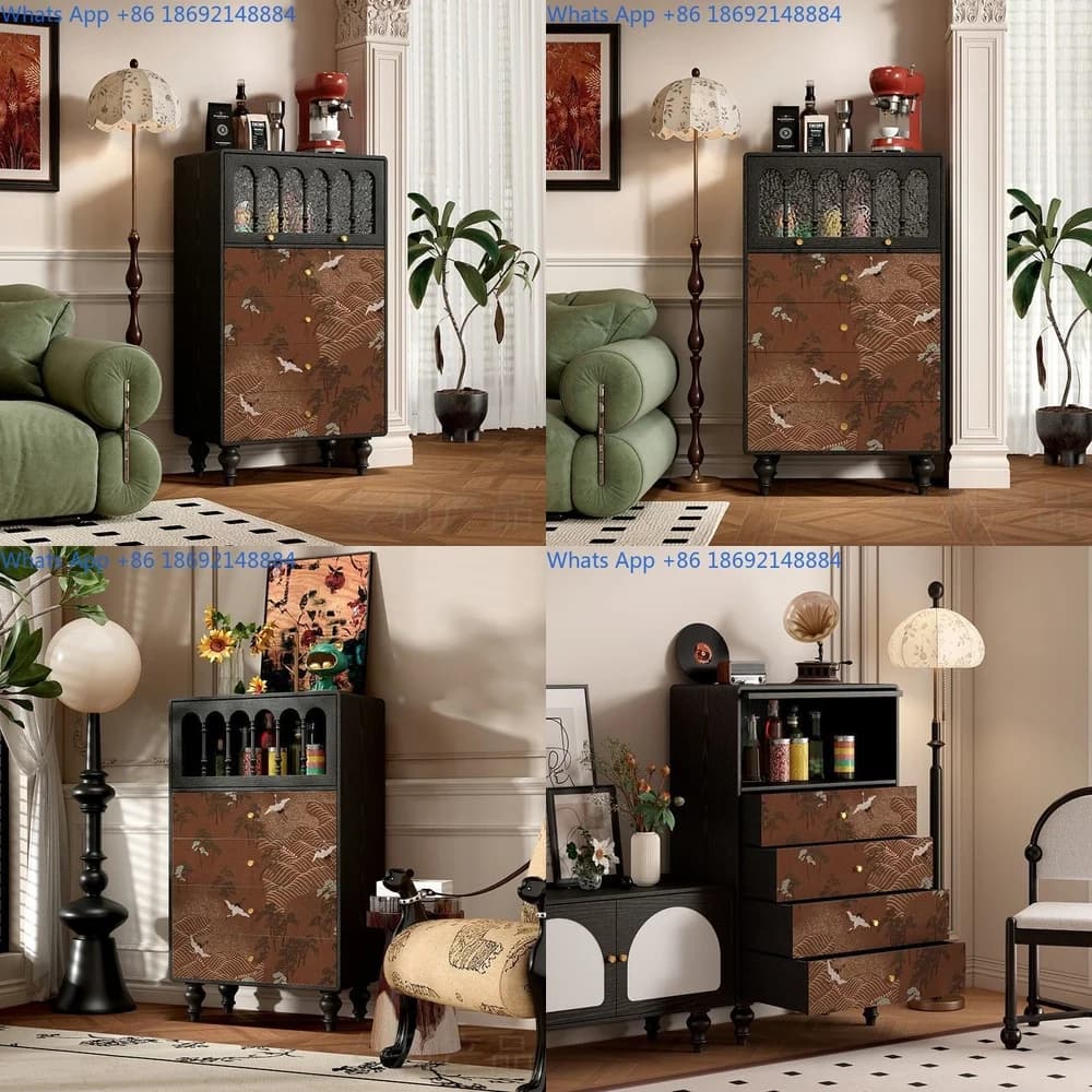 Solid Wood Vintage Style Crane Design Sideboard Storage Cabinet for Living Room Dining Room or Entryway Multi Compartment
