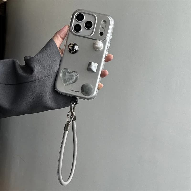 Fashion Plating Silver 3D Love Phone Case For iPhone 17 Pro 15 14 16 Pro Max Cover with Hand Rope Shockproof Cute Protective Cas