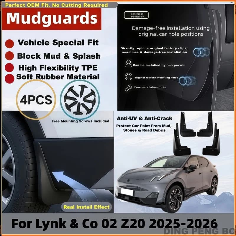 4PCS Auto Mud Flaps For Lynk Co 02 Z20 2025 2026 Mudflaps Mudguards Splash Guards Fender Splash-proof Tools Car Accessories