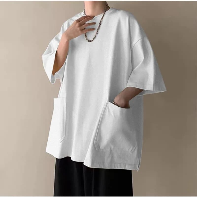 2026 Summer New Short Sleeved Men's Oversized T-shirt Korean Fashion Men's Casual Loose T-shirt Big Pocket Tops Streetwear
