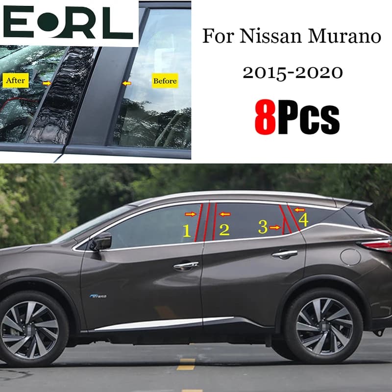 New Hot 8PCS Gloss Black Polished Pillar Posts Fit For Nissan Murano 2015 - 2020 Window Trim Cover BC Column Sticker