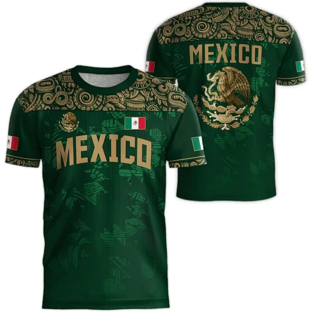 Men's Mexican Flag T-Shirt, 3D Eagle Graphic Printed Tee, Short Sleeve Casual Sports Top for Outdoor Soccer & Daily Wear