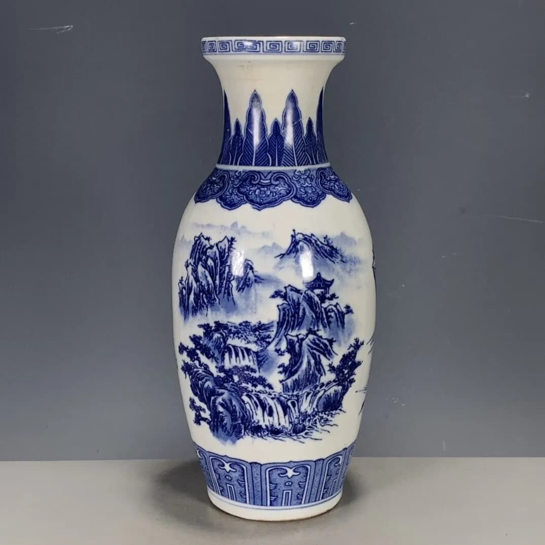 Chinese Porcelain Blue and White Landscape Vase Home Desktop Decor 9.25 Inch