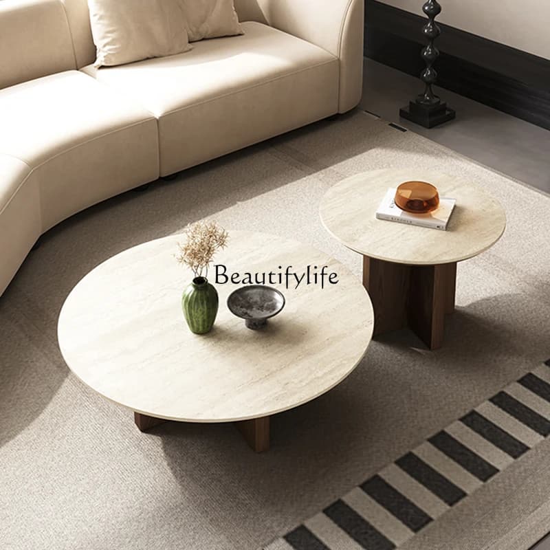 5Small apartment simple modern living room light luxury round medieval rock slab coffee table
