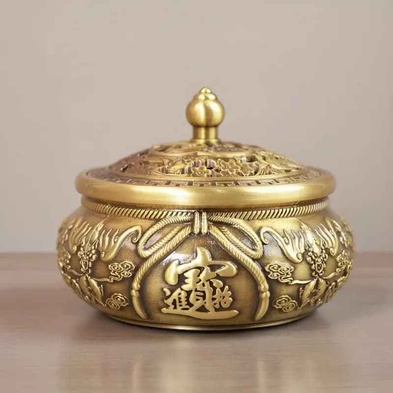 Brass incense burner with a relief carving of Eight Treasures pattern and the character “fortune,” used for offering inc