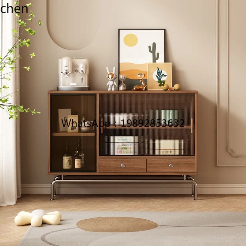 side cabinet, tea storage, glass door cabinet, solid wood locker against the wall
