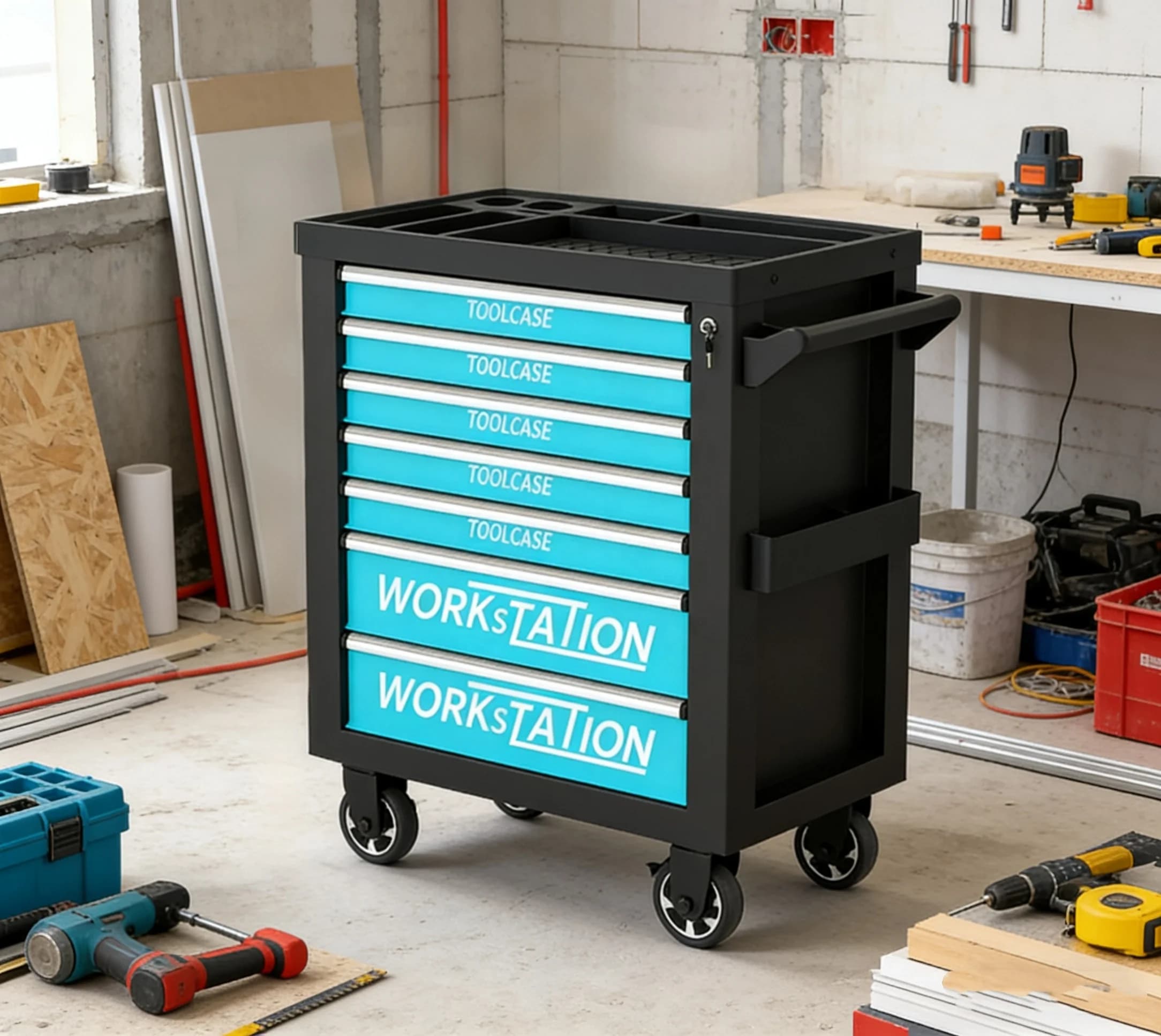 Heavy-Duty Modern Metal Cabinet With 7 Drawers Equipped With Fixed Swivel Casters Customizable Colors For Workshop Use