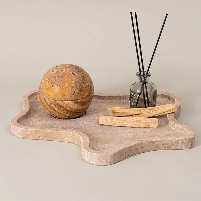 Beige Brown Travertine Marble Incense Burner Religious Ball Shape Stone Incense Holder Home Stone Ornament Plate Decorative Tray