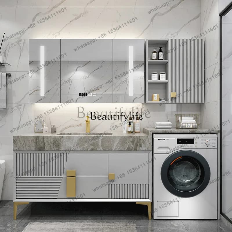 Factory Direct Balcony Slate Seamless Integrated Ceramic Basin Washing Machine Cabinet Combined Bathroom Oak Wash Table