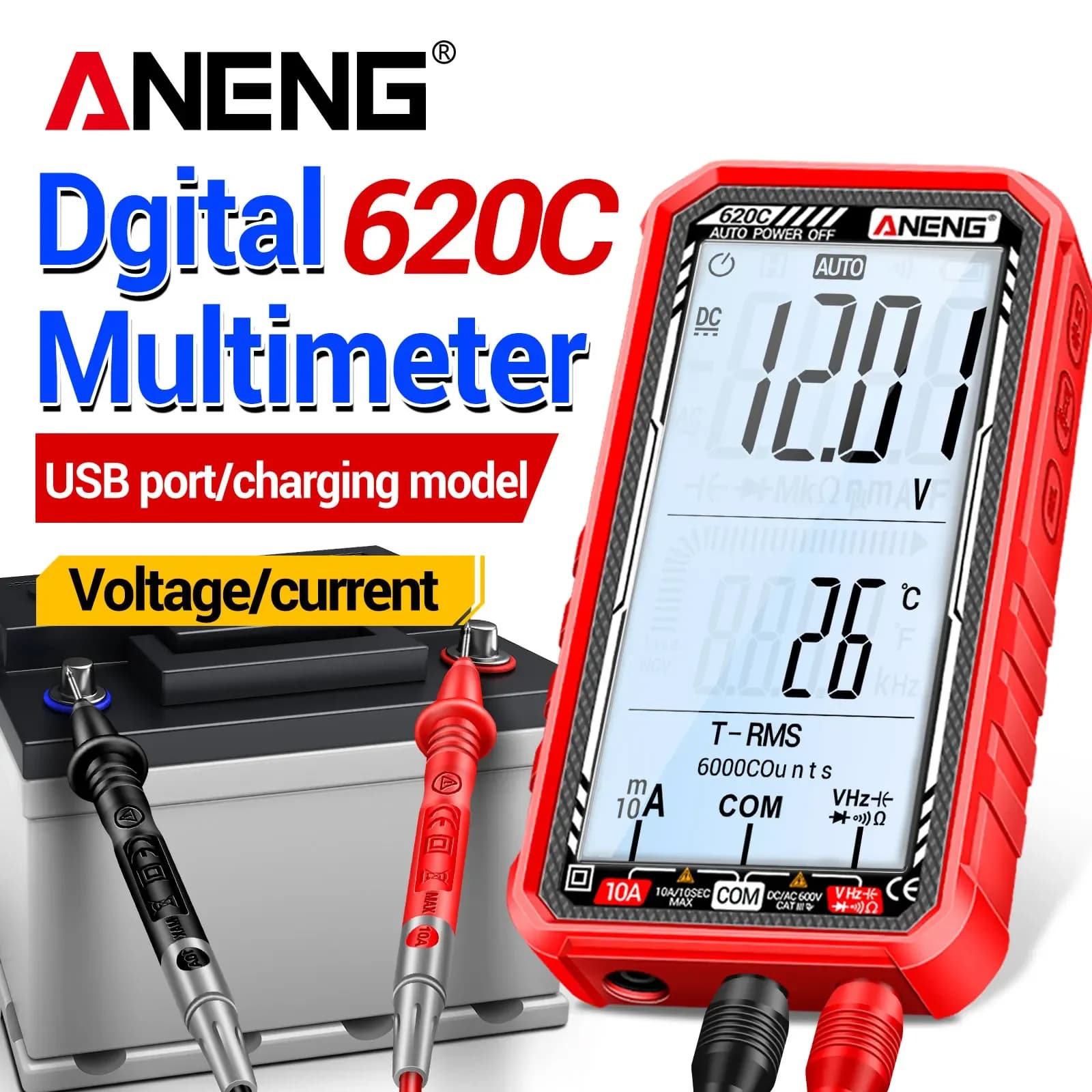 ANENG 620C Digital Multimeter 6000 Counts 600V AC/DC 10A Current Temperature Tester NCV Diode Buzzer with Backlight Flashlight