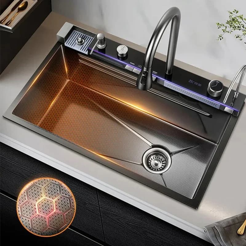 Kitchen Basin Stainless Steel Waterfall Sink Large Single Slot Integrated Digital Display Faucet Set Soap Dispenser Cup Washer