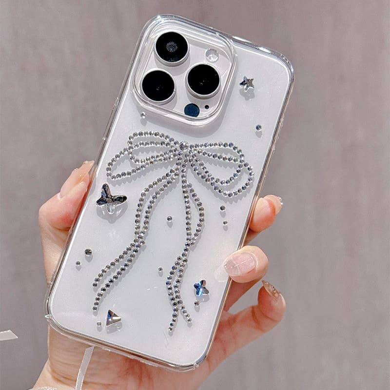 Cute Bling Rhinestone Double Bow Phone Cover for iPhone 17 Air Case 16 15 14 Pro Max 13 12 11 Advanced Transparent Diamond Case