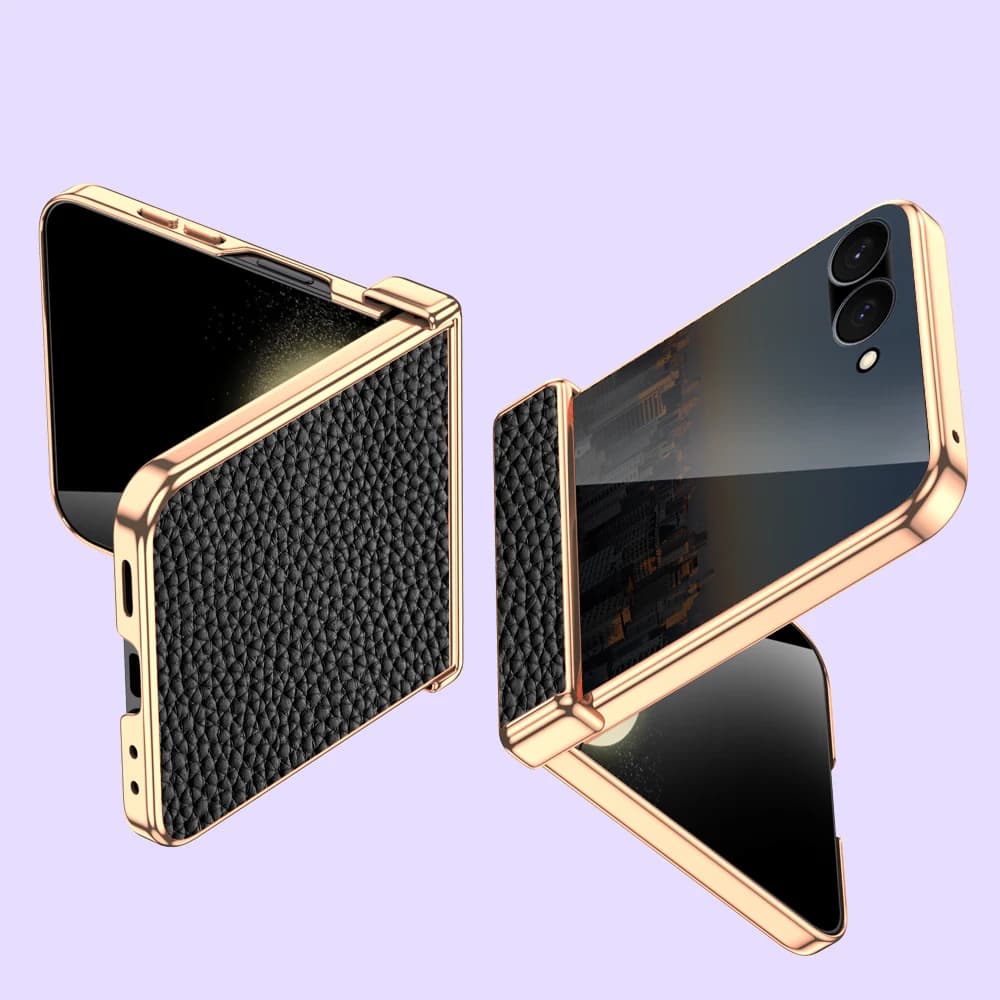 Cowhide Leather Phone Case for Samsung Galaxy Z Flip7 7 Luxury Hinge Protection Cover with Tempered Glass