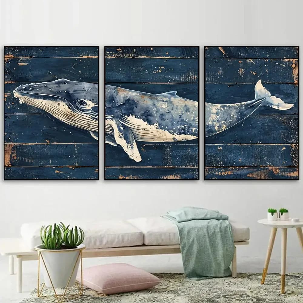 Ocean Whale Night Painting Calligraphy 3PC Canvas Poster Set Wall Art Painting for Bedroom Living Room Home Decor Vintage Gift