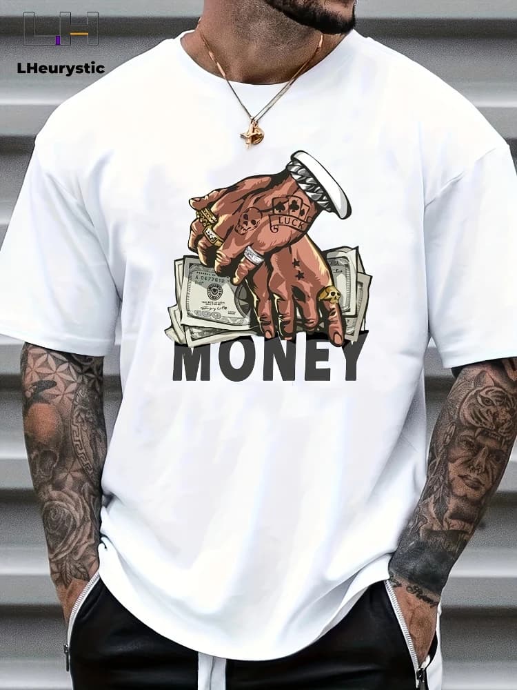 Cartoon coins and handprints, men's graphic design round neck niche pattern, summer leisure 100% cotton printed T-shirt.