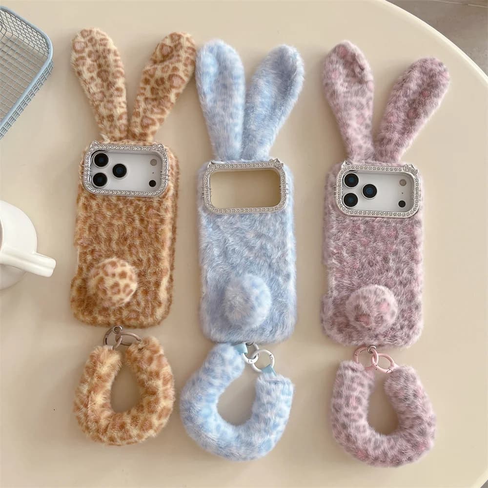 Korea Cartoon Ins blue Rabbit Phone Case For iPhone 18Pro 14 15 16 17 Pro Max Cover Shockproof Cute Plush Cases 18Pro with Chain