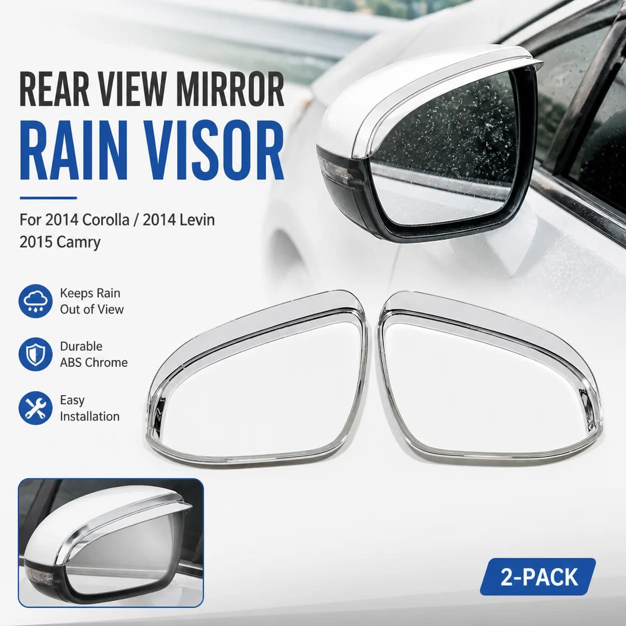 Chrome ABS Rear View Mirror Rain Visor for 2014 Corolla 2014 Levin 2015 Camry (2-Pack)