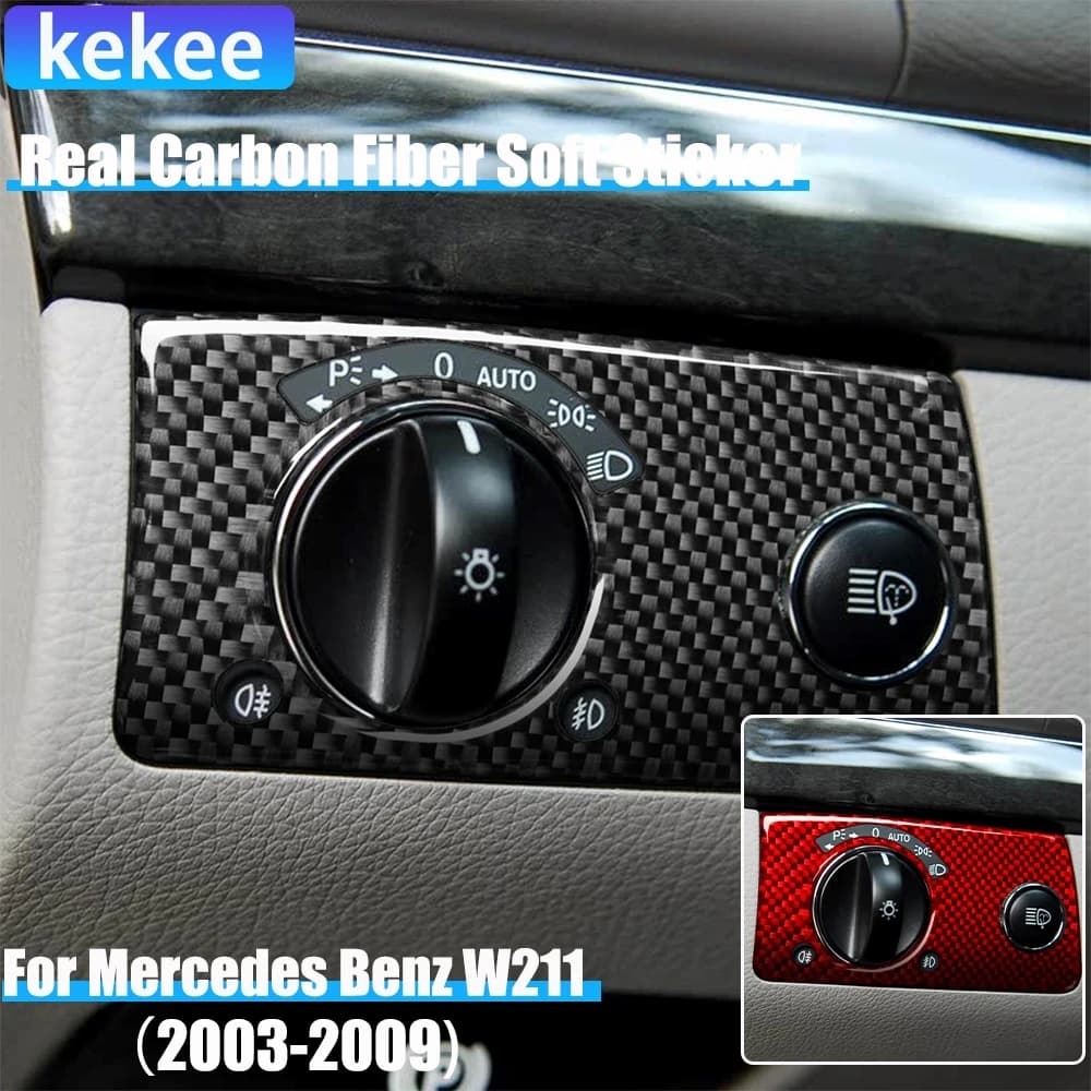 Carbon Fiber Car Accessories Headlight Switch Cover Soft Sticker For Mercedes W211 E Class 2003 2004 2005 2006 2007 2008 2009