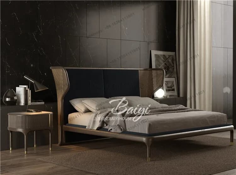 X4 French vintage solid wood double 1.8m wedding bed Italian light luxury rattan art American modern simple master
