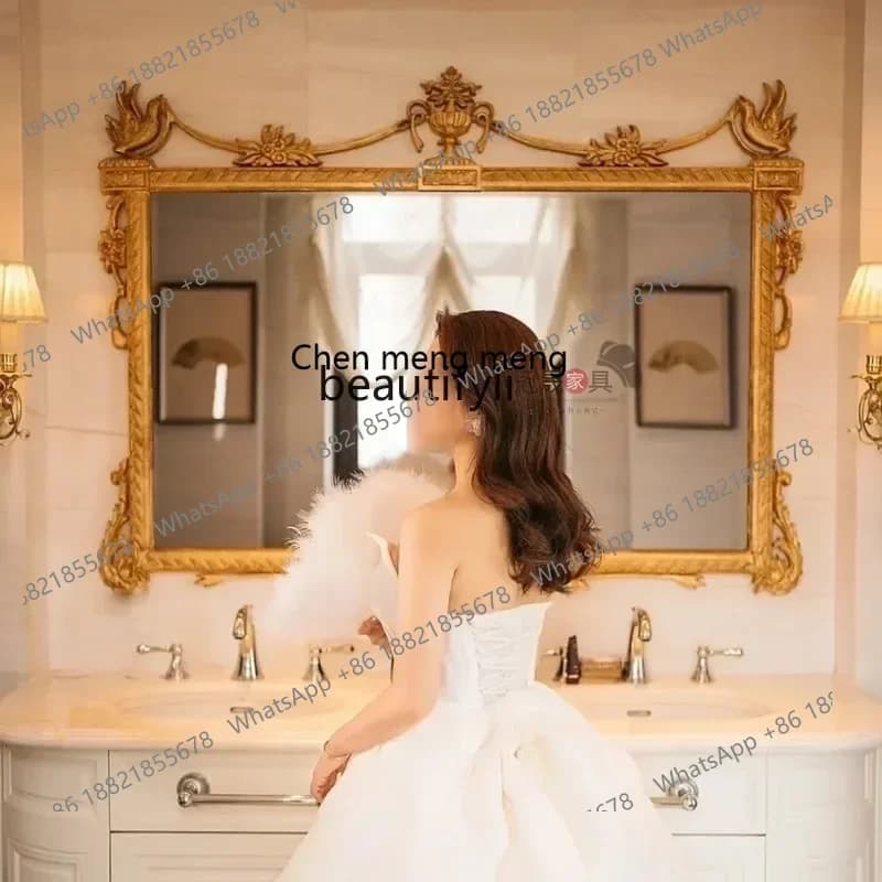 cqyEuropean retro makeup mirror special-shaped carved wall-mounted bathroom mirror living room dressing mirror