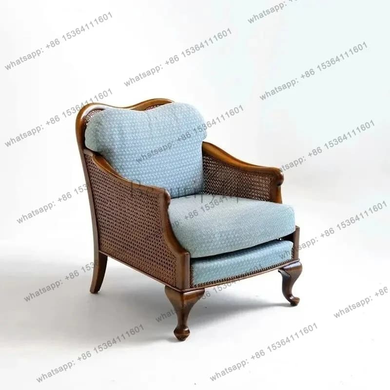 YJ American Solid Wood Braided Rattan Sofa Chair French Retro Classic Living Room Balcony Single Studio Design Sofa