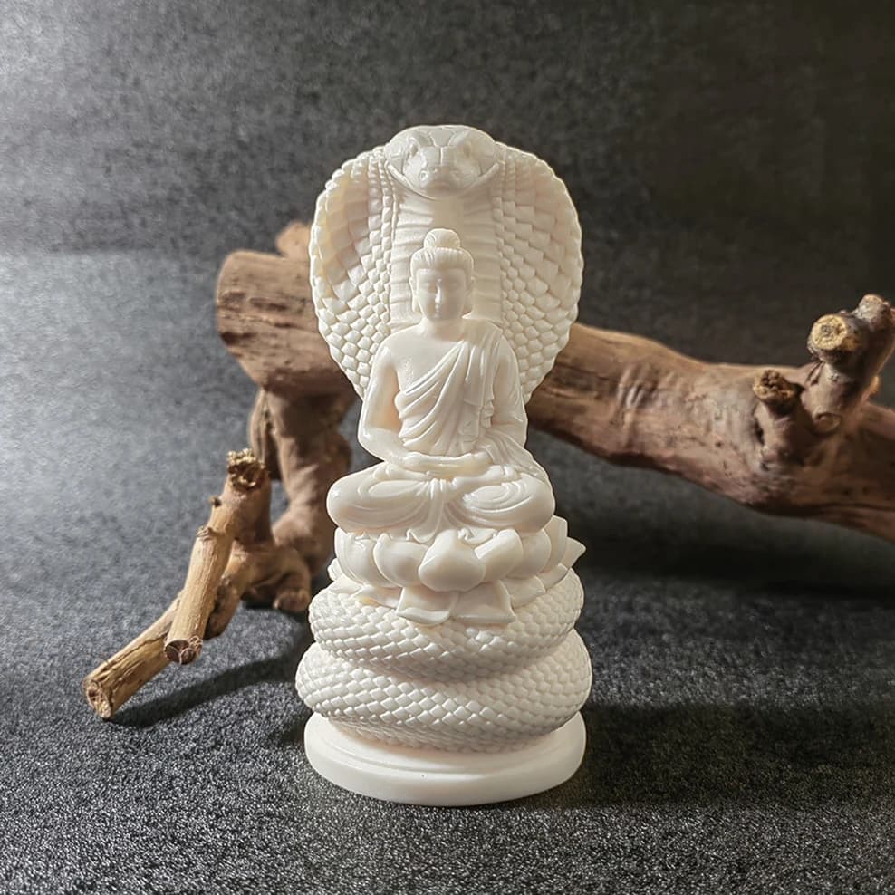 Ivory fruit carving Tathagata Buddha Statue, snake protecting Buddha Ornament, Chinese Zen decorations for home, living room