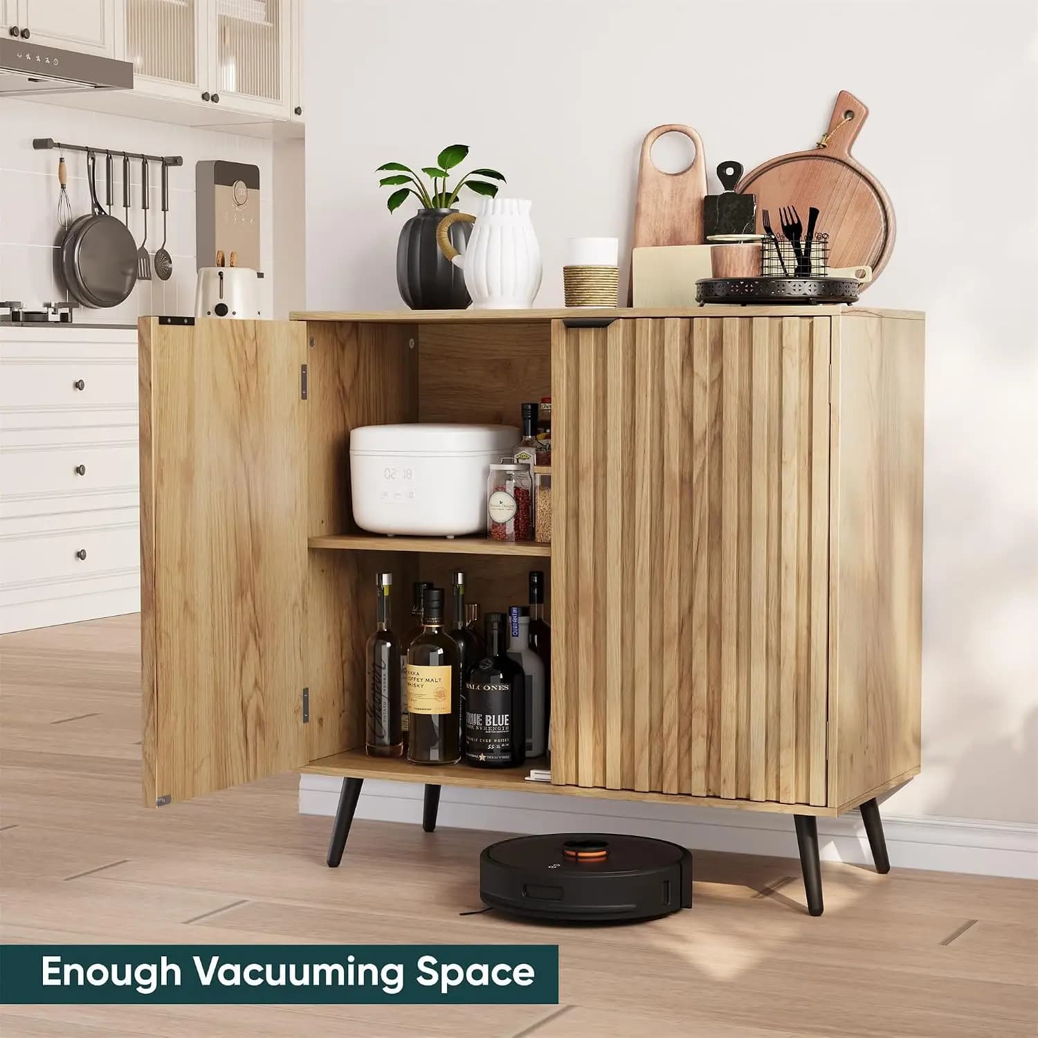 Buffet Cabinet with Storage, Sideboard Cabinet with Fluted Doors and Metal Legs, Storage Cabinet with Adjustable