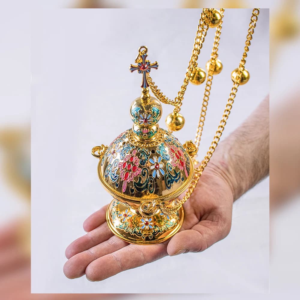 Luxury Gold Cloisonne Orthodox Incense Censer Color Floral Enamel Cross Top Multi Bell Chain Cathedral Altar Liturgical Premium