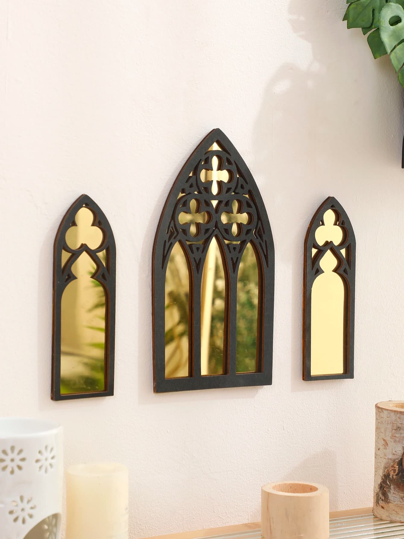 3 Pcs/sets Wall Mirror Architectural Shape Decorative Golden Color Mirror Surface with Cruciate Flower Bohomian Style Home Decor