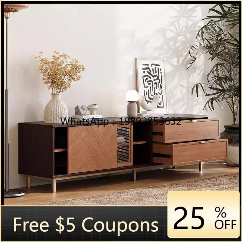 1LYY Vintage Style Copper Mesh TV Coffee Table Simple TV Cabinet Home Living Room Retro TV Cabinet Floor-standing Solid Wood