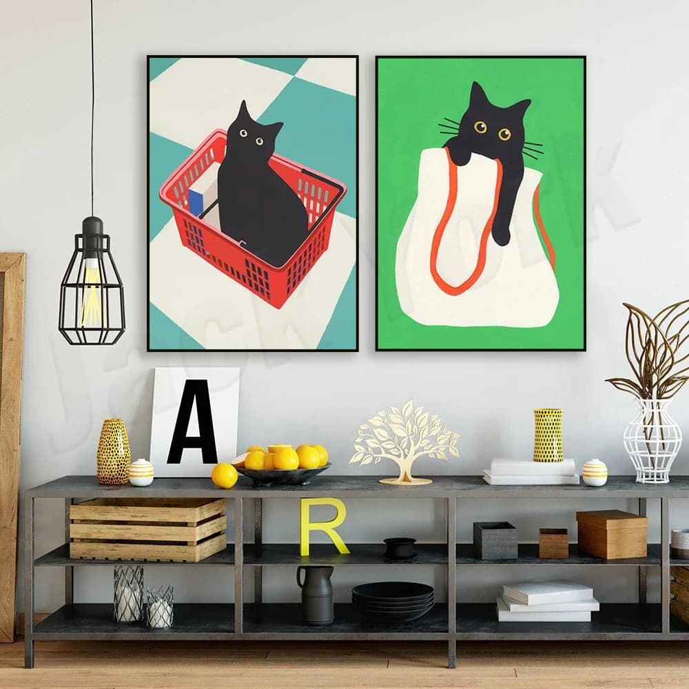 Cat bag art print, cat in a basket, black cat print, funny cat illustration, cute cat poster, gift wall art for cat lovers