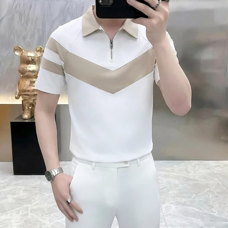 2026 Summer New Style Men's Fashion Casual Collar-Plaid Short-Sleeved T-Shirt Loose and Versatile Top