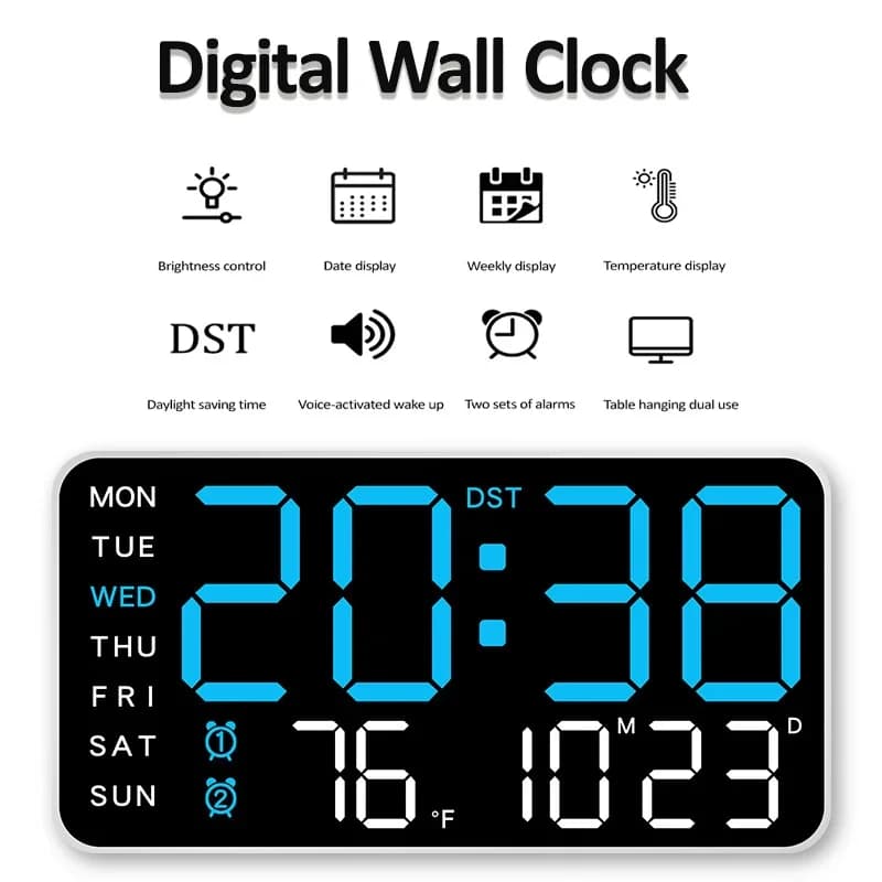 LED Digital Wall Clock Voice Control Temperature Date Week Display Brightness Adjustment 12/24H Electronic Clock Home Decor