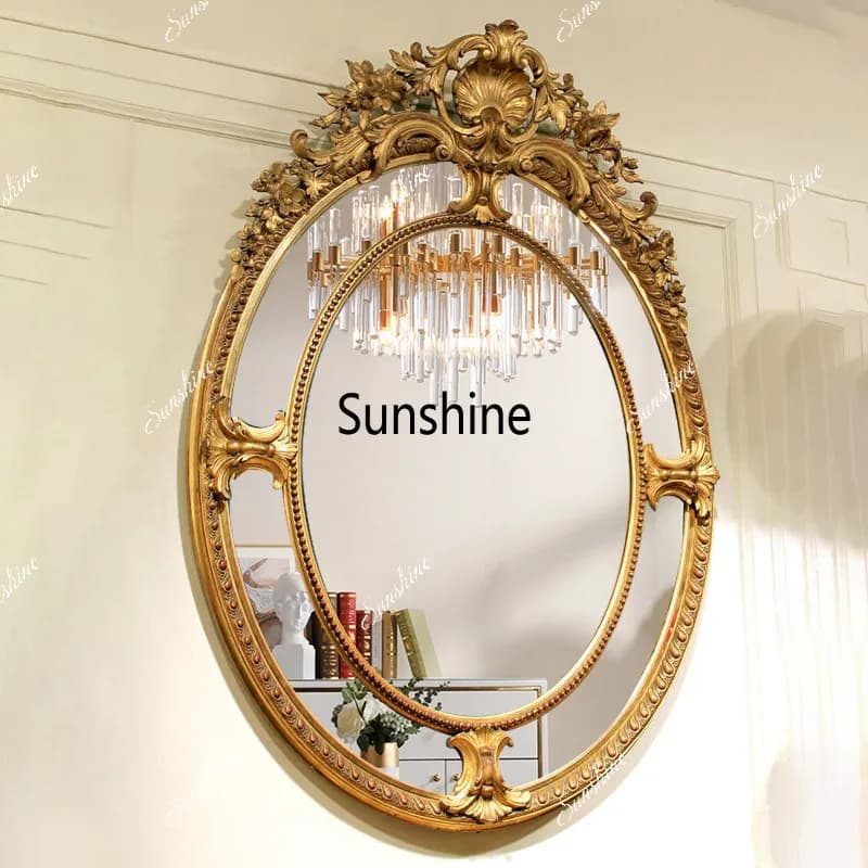 Carved dresser mirror Round villa wall hanging mirror Classical entrance mirror