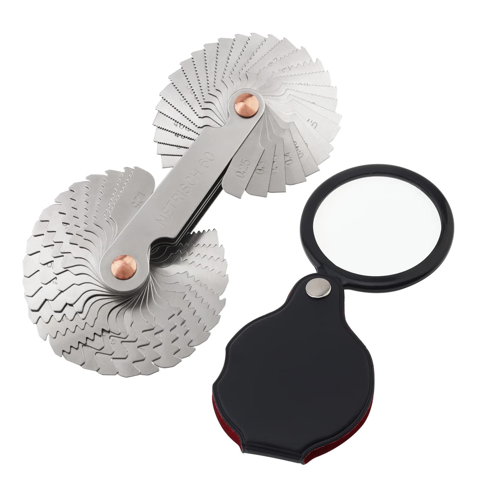 58 Pcs Metal Nut Thread Pitch Gauge Metric US Whitworth 55 60 Degree Measuring Gage Screw Thread Pitch Gauge with Mini Magnifier