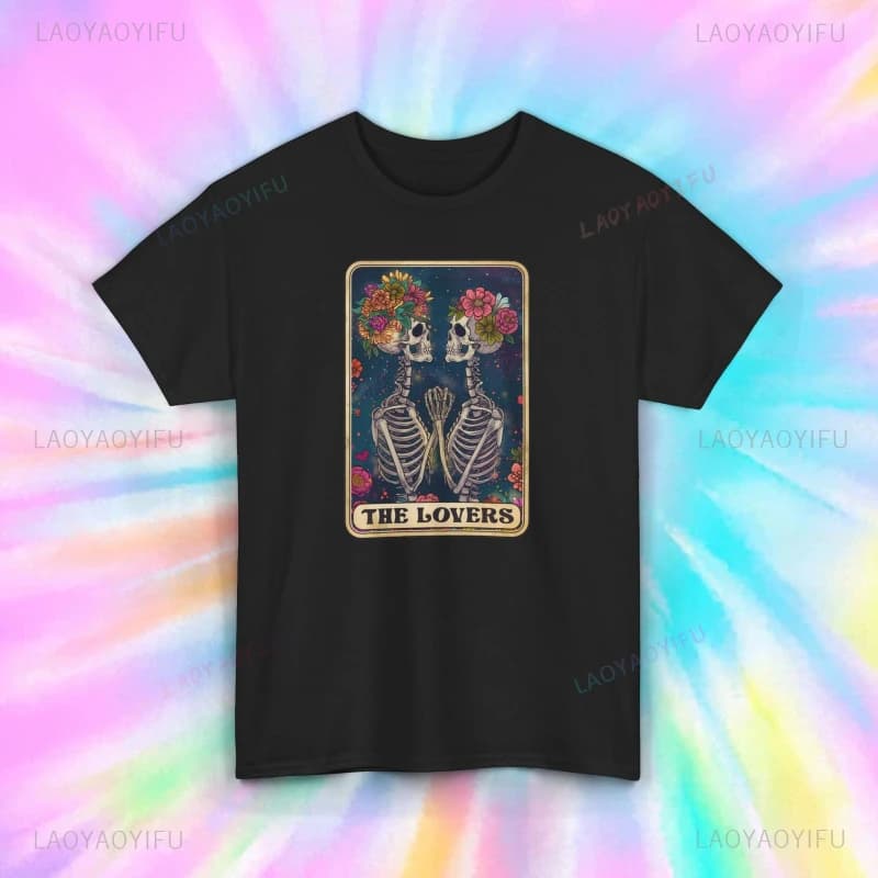 The Lovers Skeleton Shirt Vintage Tarot Card Design Gothic Romance Tee Classic Printed Funny New Style Short Sleev Streetwear