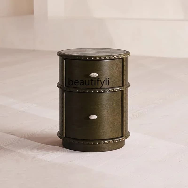 xzMedieval marble bedside table Round, solid wood, black bedside storage cabinet