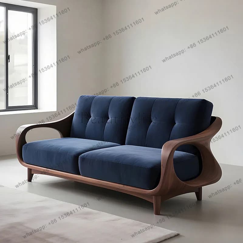 New Chinese-style solid wood sofa living room long straight row 2025 new walnut high-end fabric meeting sofa B & B
