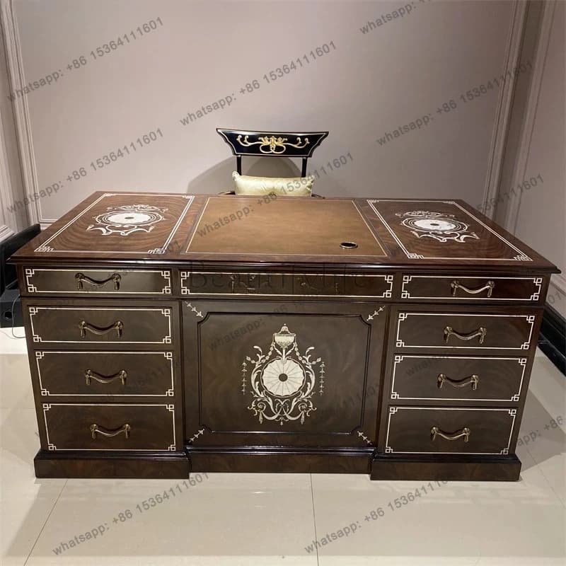 European-style desk, imported mahogany core solid wood computer desk, Alexander classical inlaid shell