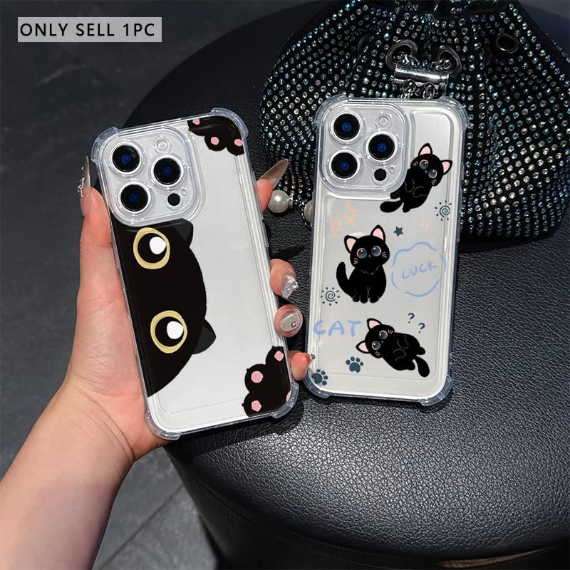 Black cartoon big cat Phone Case For IPhone 17 Pro Max 16 17 15 7 14 13 Plus 12 Mini 11 XR 16E Air Cases Transparent Soft Covers