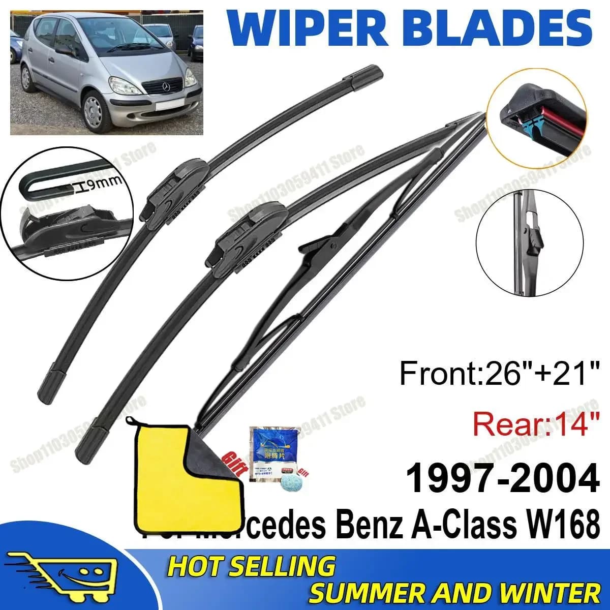 Juego de 3 escobillas limpiaparabrisas delanteras y traseras de 26 + 21 + 14 pulgadas para Mercedes Benz Clase A W168 1997-2004,