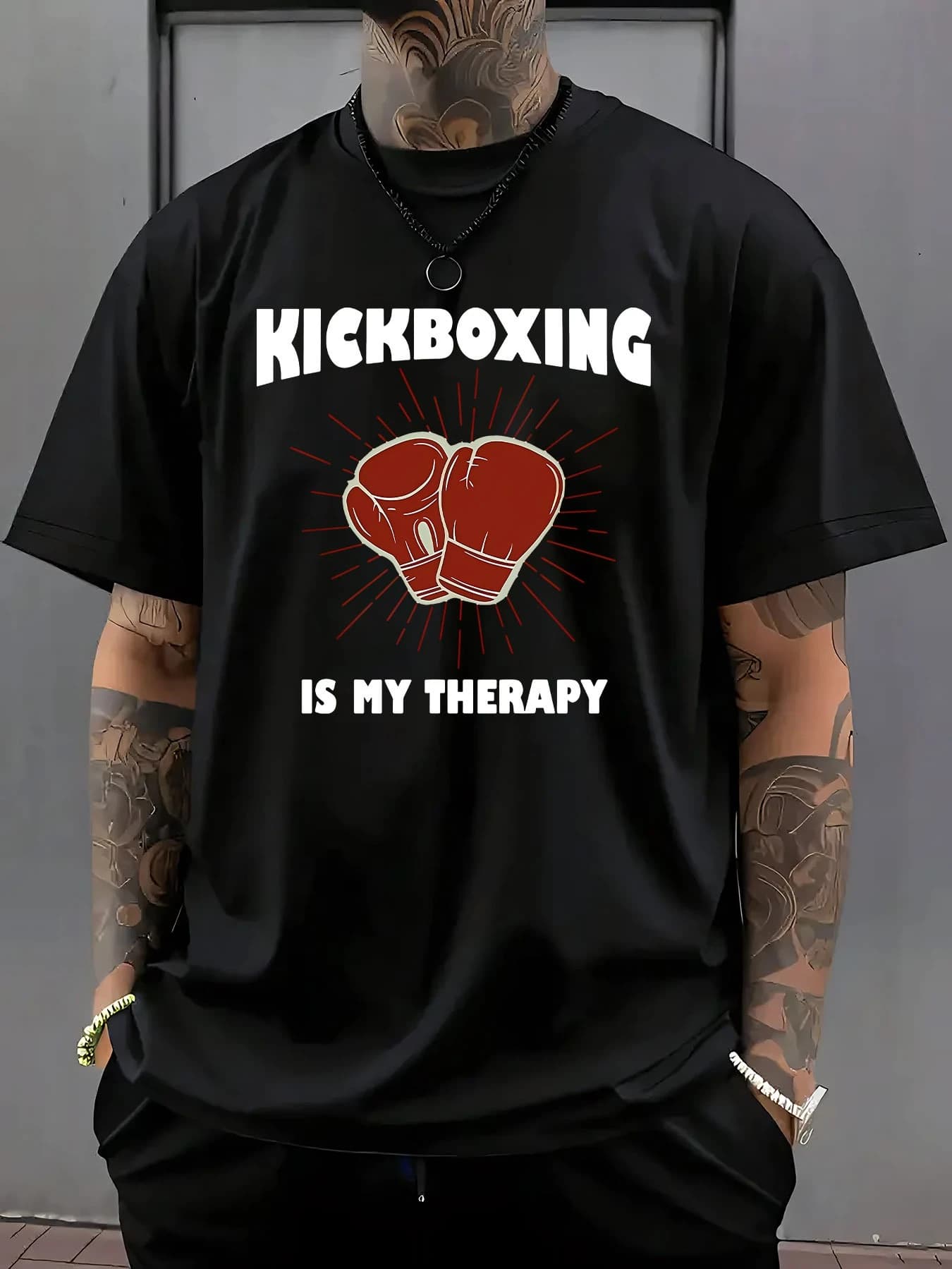 Kickboxing Graphic-"KICKBOXING IS MY Relax"Boxing Gloves  design-100% cotton round neck short sleeve printed men's T-shirt.