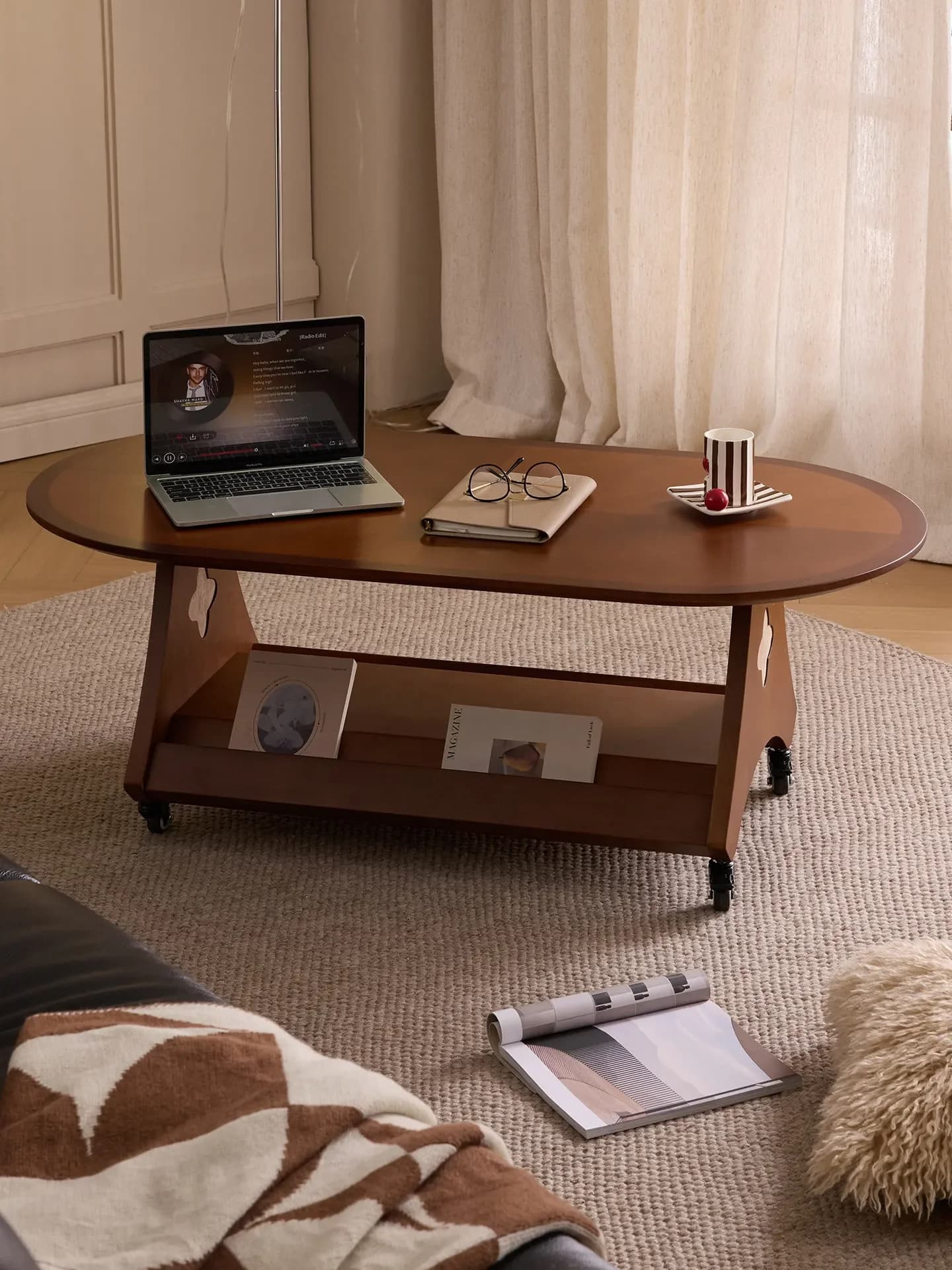 Household Living Room Movable Small Apartment Art Tea Table Oval Rock Slab Solid Wood Tea Tablel17