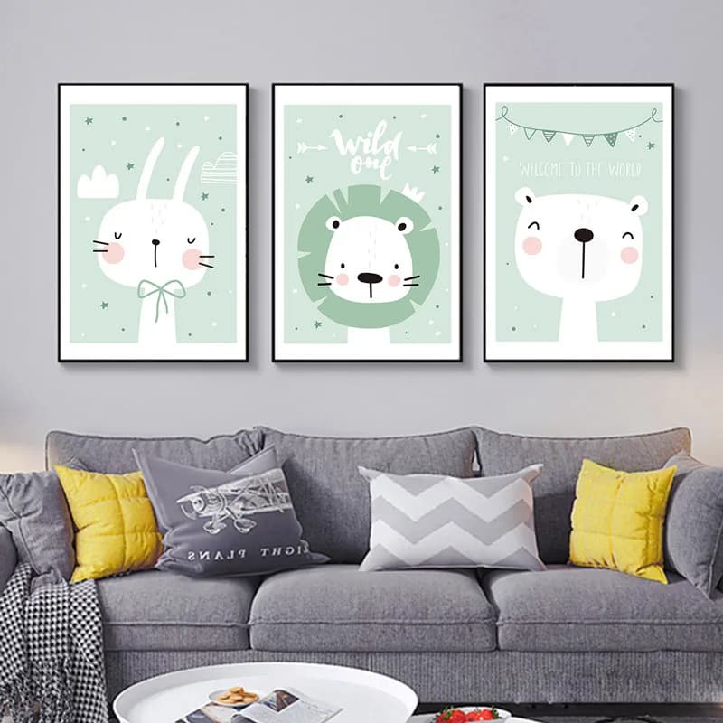 Nordic modern cartoon canvas painting cute rabbit lion animal art living room children's room decorative painting