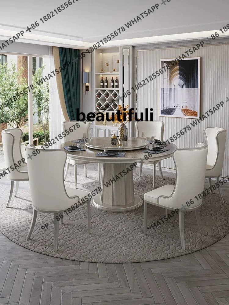 ZJAmerican dining table and chair combination Modern light luxury with turntable furniture All solid wood leather dining chair