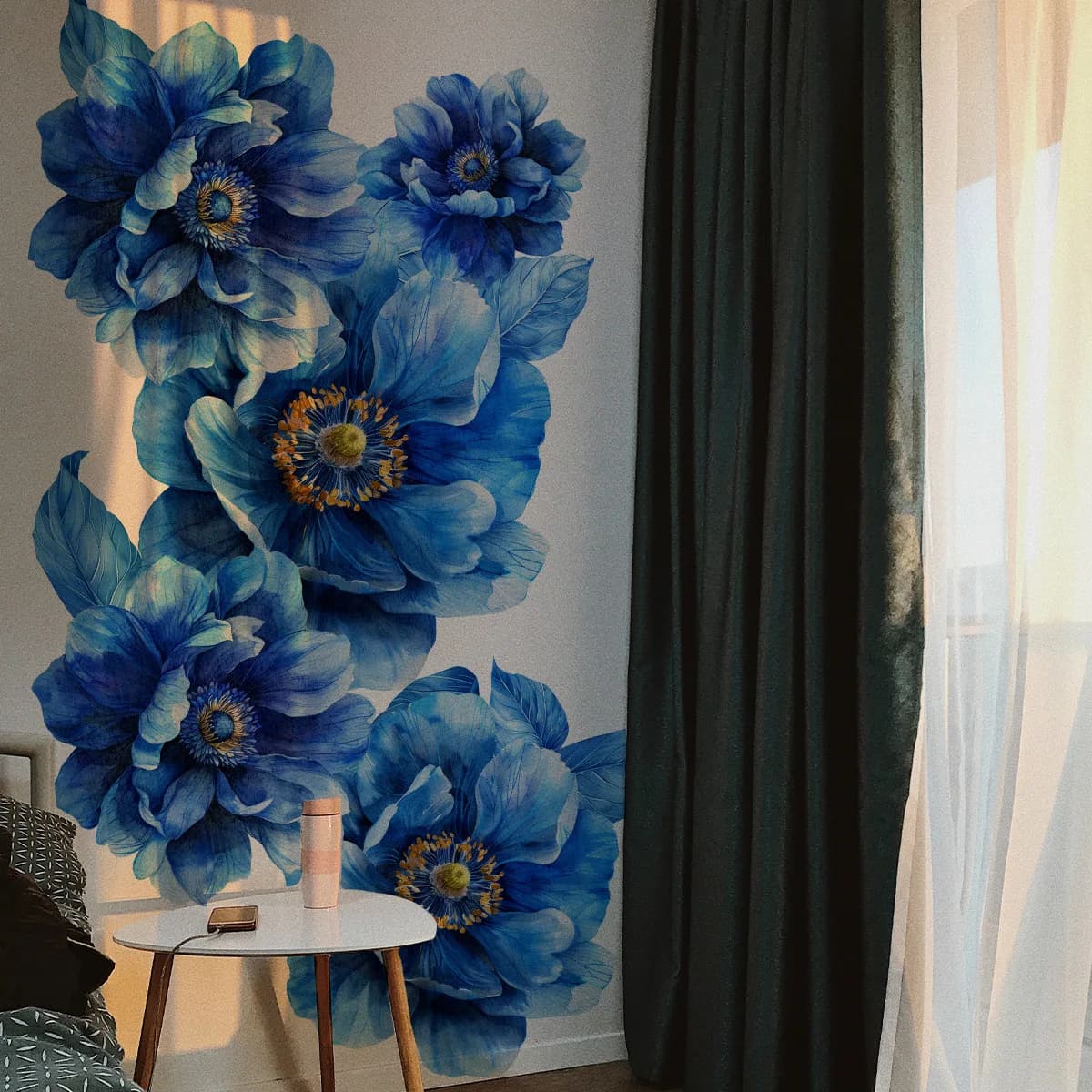 18Pcs Wall StickerBlue Flower Background Invisible Glue Material Wall Sticker Decoration Does Not Contain Pvc Glue-free