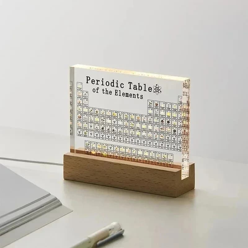Mendeleev Periodic Table Acrylic Print with Wooden Light Base - Home Decor Science Gift Idea with 83 Decorative Elements
